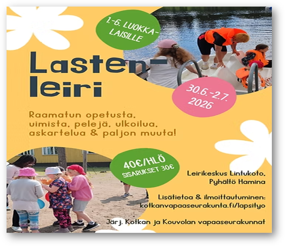 Lastenleiri 2026 Lasten kesäleirin mainoskuva 2026 Kymenlaaksossa